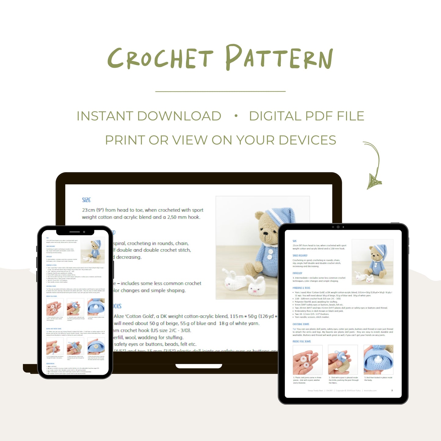 Crochet Pattern - Sleepy Teddy Bear in Pajamas