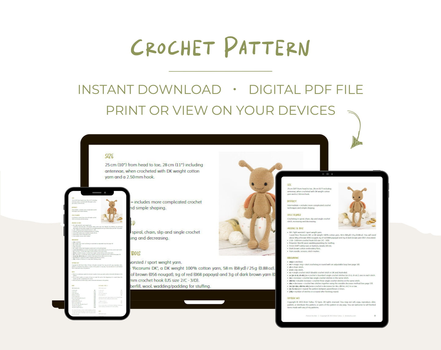 Crochet pattern digital PDF file displayed on smartphone, tablet, and computer screen.