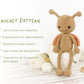 Crocheted toy with butterfly wings on a white background, accompanied by text about crochet pattern details.