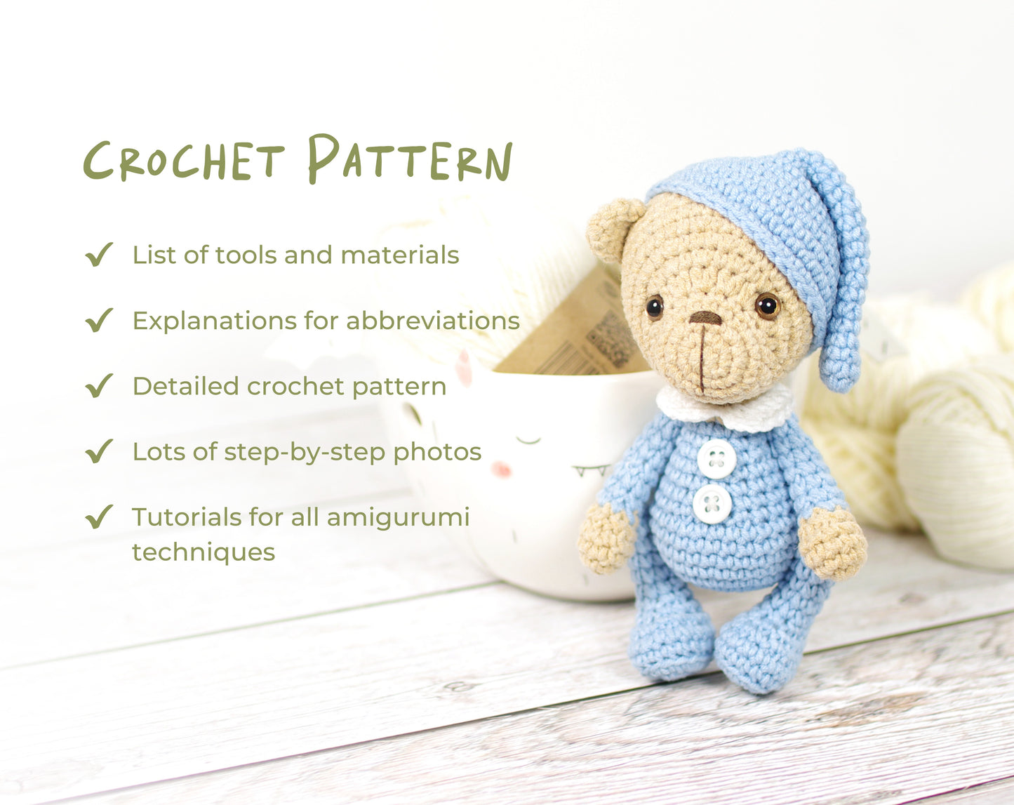 Crochet Pattern - Small Teddy Bear in Pajamas