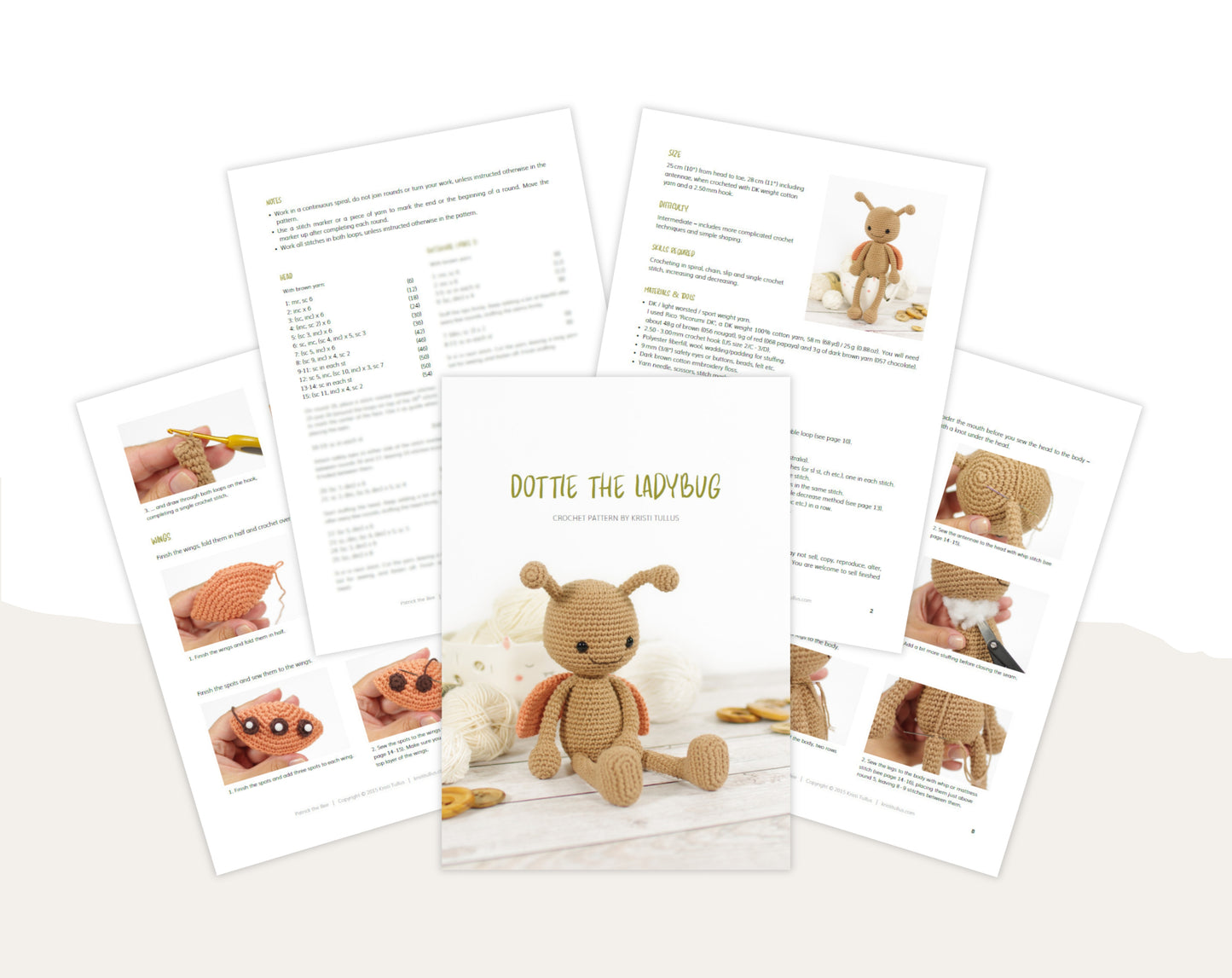 Sample pages of an amigurumi crochet pattern for a ladybug.